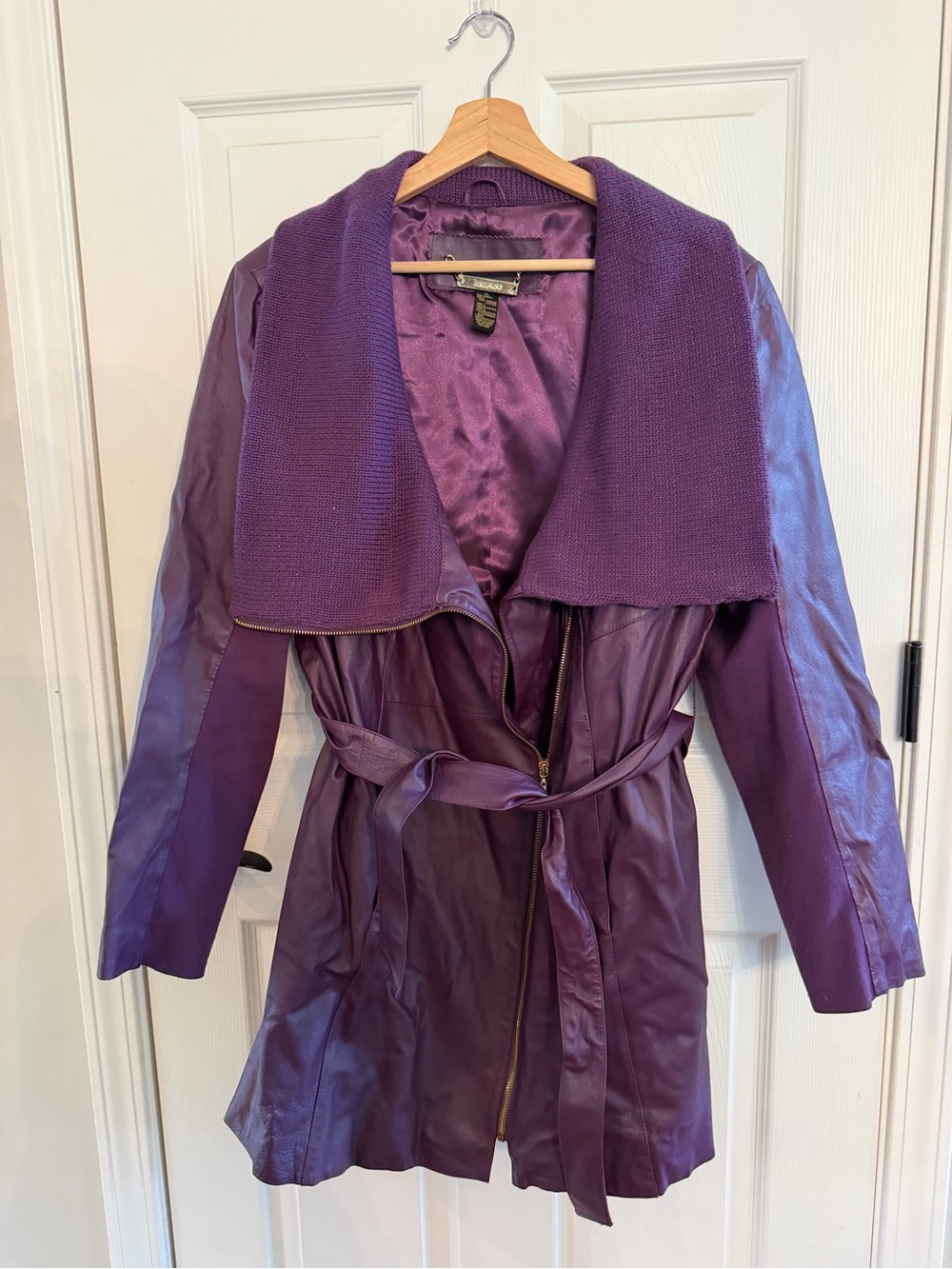 IMAN Purple Leather-Blend Jacket with Knit Shawl Collar